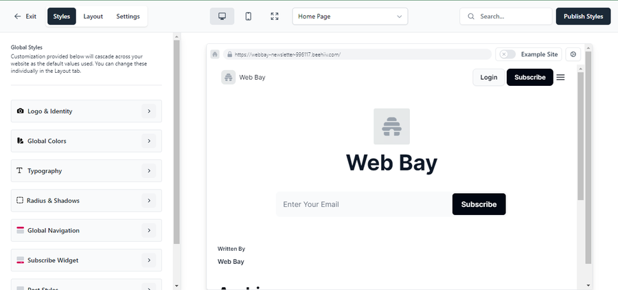 Beehiiv assists in creating a layout for a Newsletter homepage